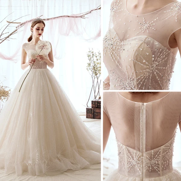 Luxury / Gorgeous Champagne Wedding Dresses 2019 A-Line / Princess Scoop Neck Beading Sequins Sleeveless Cathedral Train