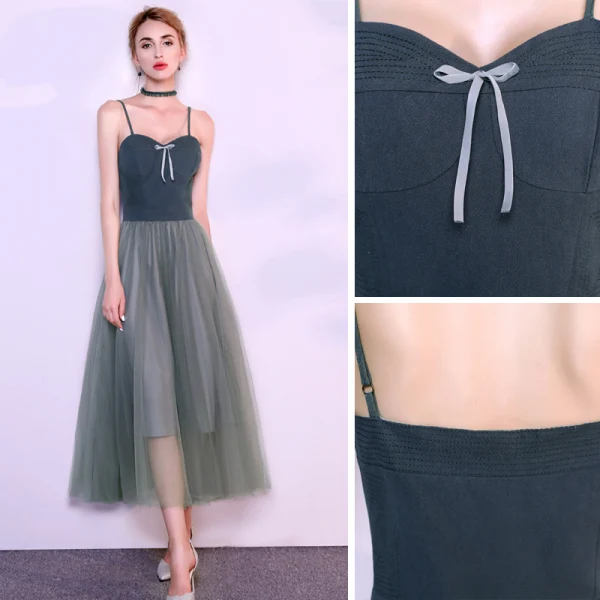 Chic / Belle Bleu D'encre Robe De Soirée 2019 Princesse Bretelles Spaghetti Noeud Sans Manches Dos Nu Thé Longueur Robe De Ceremonie