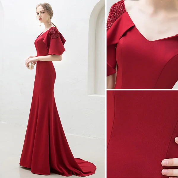 Chic / Belle Couleur Unie Bordeaux Robe De Soirée Trompette / Sirène 2019 V-Cou Dos Nu Perlage Cristal 1/2 Manches Train De Balayage Robe De Ceremonie