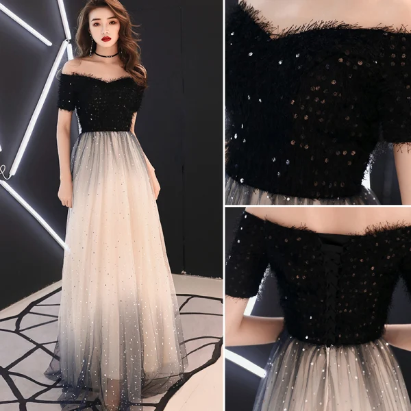 Élégant Noire Robe De Soirée 2019 Princesse De l'épaule Gland Paillettes Manches Courtes Dos Nu Longue Robe De Ceremonie