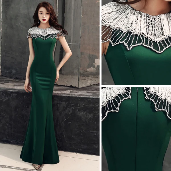 Elegant Dark Green Evening Dresses  2019 Trumpet / Mermaid Scoop Neck Beading Short Sleeve Floor-Length / Long Formal Dresses