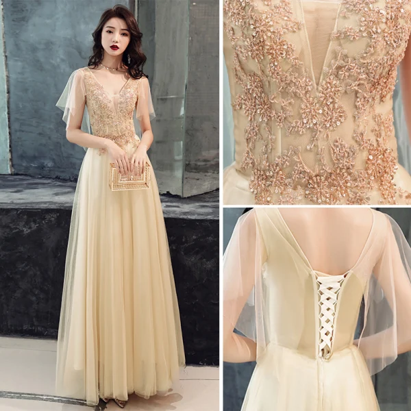 Elegant Champagne Evening Dresses 2019 A-Line / Princess Beading Crystal Sequins Lace Flower Backless V-Neck Short Sleeve Floor-Length / Long Formal Dresses