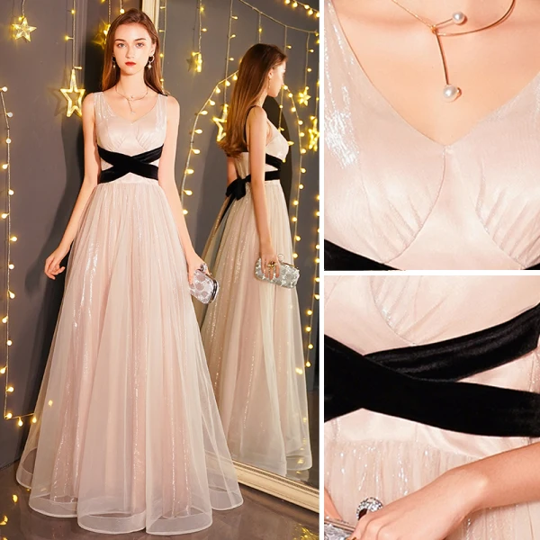 Modern / Fashion Champagne Evening Dresses  2019 A-Line / Princess V-Neck Bow Sleeveless Backless Floor-Length / Long Formal Dresses