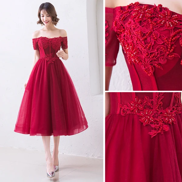Chic / Beautiful Burgundy Evening Dresses 2019 A-Line / Princess Off-The-Shoulder Beading Crystal Lace Flower Short Sleeve Backless Tea-length Formal Dresses