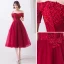 Chic / Beautiful Burgundy Evening Dresses  2019 A-Line / Princess Off-The-Shoulder Beading Crystal Lace Flower Short Sleeve Backless Tea-length Formal Dresses
