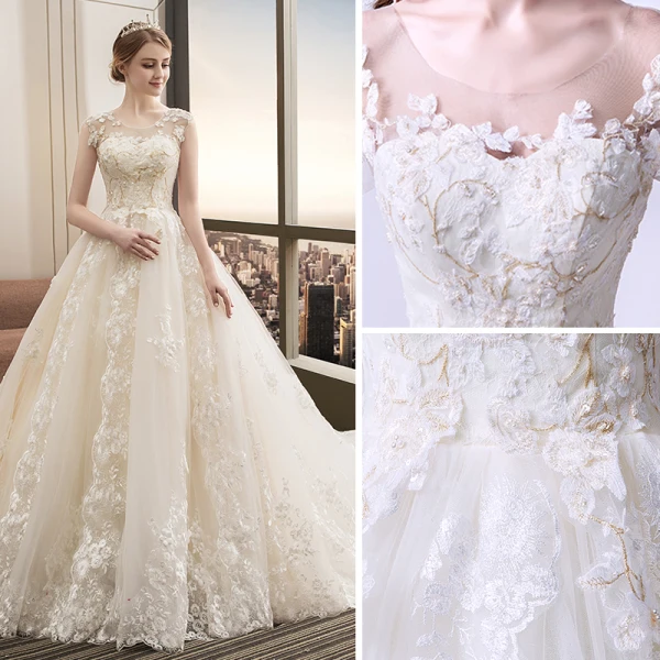 Charming Champagne Wedding Dresses 2019 A-Line / Princess V-Neck Beading Lace Flower Bell sleeves Backless Sweep Train
