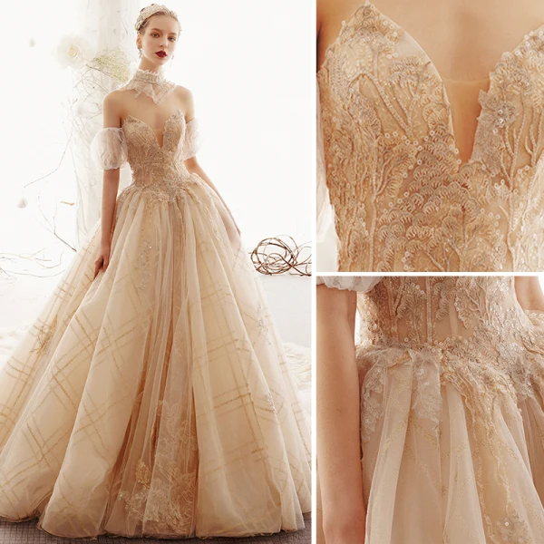 Charmant Champagne Robe De Mariée 2019 Princesse Amoureux Perlage En Dentelle Fleur Paillettes Sans Manches Dos Nu Cathedral Train