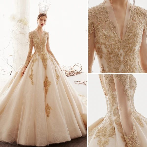 Luxus / Herrlich Champagner Brautkleider / Hochzeitskleider 2019 Ballkleid Tiefer V-Ausschnitt Perlenstickerei Spitze Blumen Lange Ärmel Rückenfreies Kathedrale Schleppe