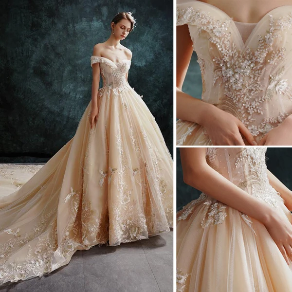 Luxe Champagne Robe De Mariée 2019 Robe Boule De l'épaule Perlage Perle En Dentelle Fleur Paillettes Manches Courtes Dos Nu Cathedral Train