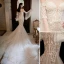 Sexy Champagne Wedding Dresses 2019 Trumpet / Mermaid Off-The-Shoulder Lace Flower Glitter Tulle Long Sleeve Backless Cathedral Train