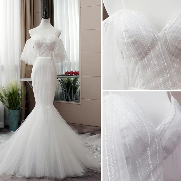 Élégant Blanche Robe De Mariée 2019 Trompette / Sirène Bretelles Spaghetti Paillettes Manches Courtes Dos Nu Cathedral Train