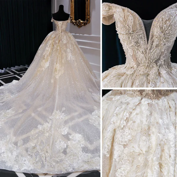 Luxe Champagne Robe De Mariée 2019 Robe Boule De l'épaule Perlage Perle Paillettes En Dentelle Fleur Manches Courtes Dos Nu Cathedral Train