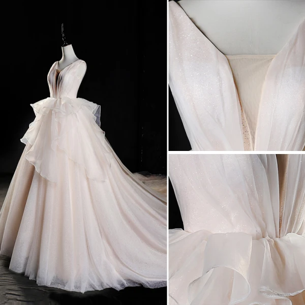 Luxury / Gorgeous Champagne Wedding Dresses 2019 A-Line / Princess V-Neck Glitter Tulle Cascading Ruffles Sleeveless Backless Cathedral Train