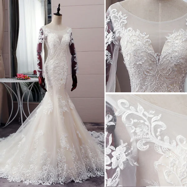Sexy Champagne Wedding Dresses 2019 Trumpet / Mermaid Scoop Neck Sequins Pearl Lace Flower Long Sleeve Backless Court Train