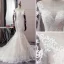 Sexy Champagne Wedding Dresses 2019 Trumpet / Mermaid Scoop Neck Sequins Pearl Lace Flower Long Sleeve Backless Court Train