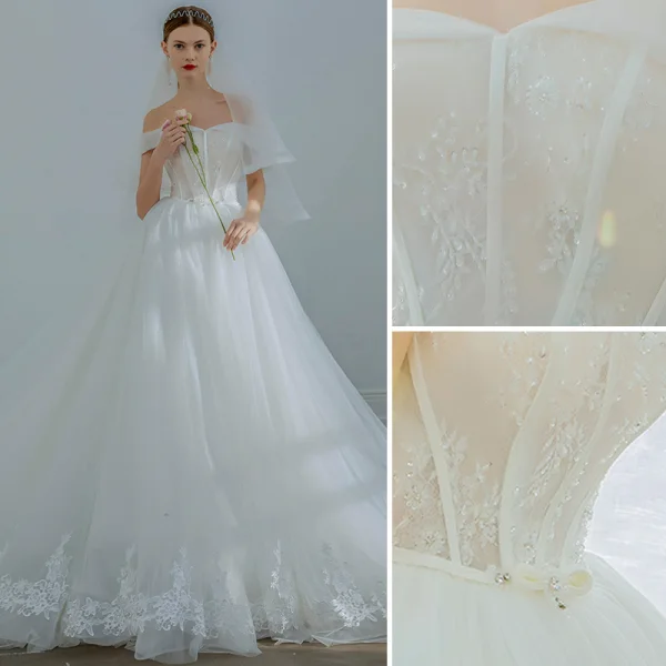 Elegant Ivory Wedding Dresses 2019 A-Line / Princess Off-The-Shoulder Beading Sequins Bow Sleeveless Backless Chapel Train