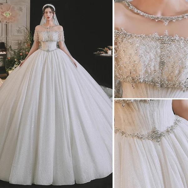 Luxury / Gorgeous Sexy White Wedding Dresses 2021 Ball Gown Scoop Neck Beading Rhinestone Short Sleeve Backless Royal Train Wedding
