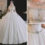 Luxury / Gorgeous Sexy White Wedding Dresses 2021 Ball Gown Scoop Neck Beading Rhinestone Short Sleeve Backless Royal Train Wedding