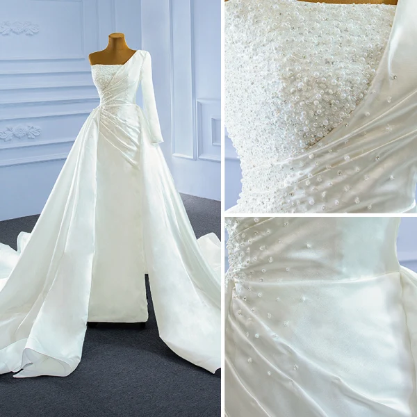 High End Elegante Ivory / Creme Satin Brautkleider / Hochzeitskleider 2021 A Linie One-Shoulder Perlenstickerei Perle Pailletten Lange Ärmel Rückenfreies Kathedrale Schleppe Hochzeit