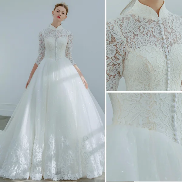 Elegant Ivory Wedding Dresses 2019 A-Line / Princess High Neck Lace Flower Buttons 3/4 Sleeve Chapel Train