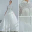 Elegant Ivory Wedding Dresses 2019 A-Line / Princess High Neck Lace Flower Buttons 3/4 Sleeve Chapel Train