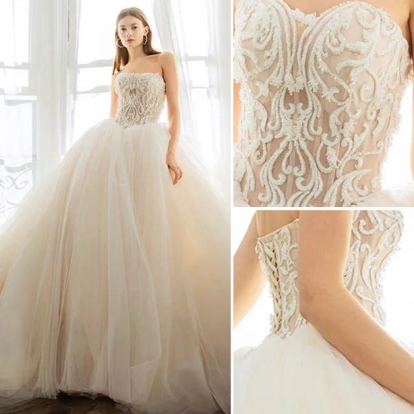 Modern / Fashion Champagne Wedding Dresses 2019 Ball Gown Strapless Lace Beading Sleeveless Backless Cathedral Train Wedding