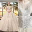 Elegante Champagne Trouwjurken 2019 Baljurk Ronde Hals Kralen Kant Bloem Kapmouwen Ruglooze Royal Train