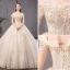 Elegante Champagner Brautkleider / Hochzeitskleider 2019 Ballkleid Off Shoulder Perlenstickerei Perle Spitze Blumen Pailletten Kurze Ärmel Rückenfreies Kathedrale Schleppe