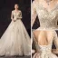 Charmant Champagner Brautkleider / Hochzeitskleider 2019 A Linie Tiefer V-Ausschnitt Perlenstickerei Pailletten Spitze Blumen Lange Ärmel Rückenfreies Kapelle-Schleppe
