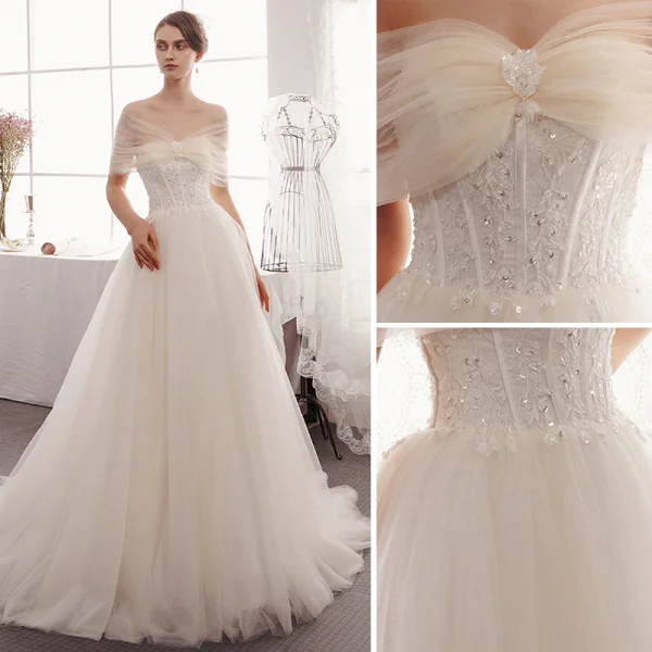 Élégant Champagne Robe De Mariée 2019 Princesse De l'épaule Paillettes En Dentelle Fleur Manches Courtes Dos Nu Train De Balayage