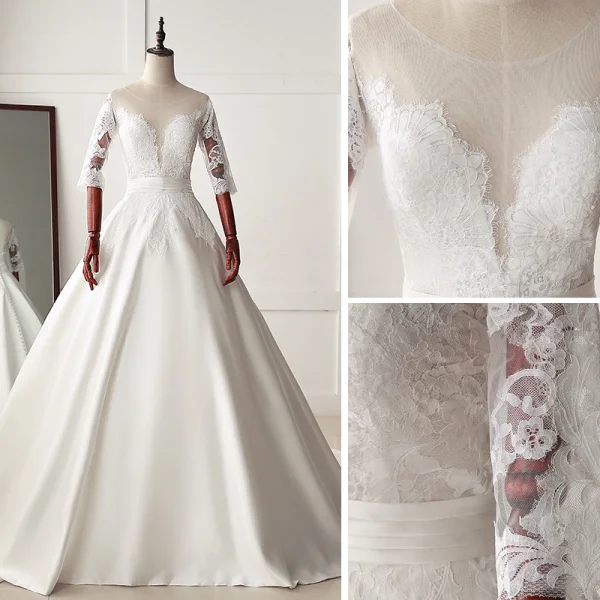 Classique Ivoire Robe De Mariée 2019 Princesse Encolure Dégagée En Dentelle Fleur 1/2 Manches Chapel Train