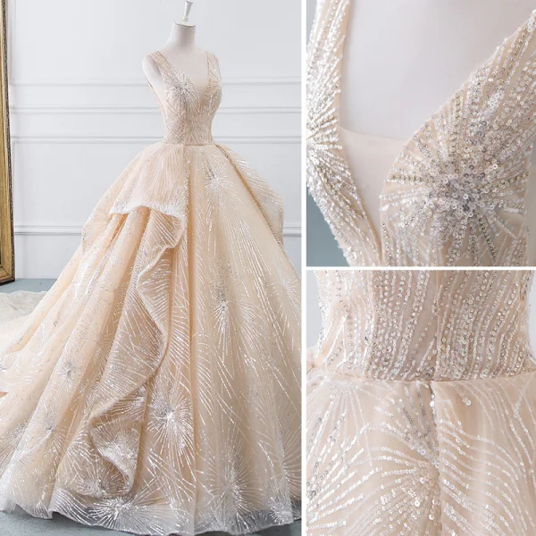 Luxury / Gorgeous Champagne Wedding Dresses 2019 A-Line / Princess V-Neck Sequins Cascading Ruffles Sleeveless Backless Cathedral Train