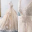 Luxury / Gorgeous Champagne Wedding Dresses 2019 A-Line / Princess V-Neck Sequins Cascading Ruffles Sleeveless Backless Cathedral Train