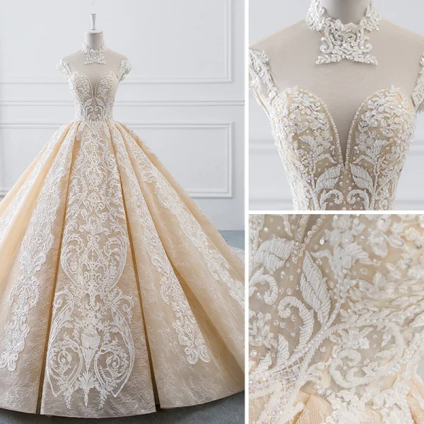 Luxury / Gorgeous Champagne Wedding Dresses 2019 A-Line / Princess High Neck Beading Pearl Crystal Lace Flower Sleeveless Backless Cathedral Train