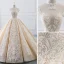 Luxury / Gorgeous Champagne Wedding Dresses 2019 A-Line / Princess High Neck Beading Pearl Crystal Lace Flower Sleeveless Backless Cathedral Train