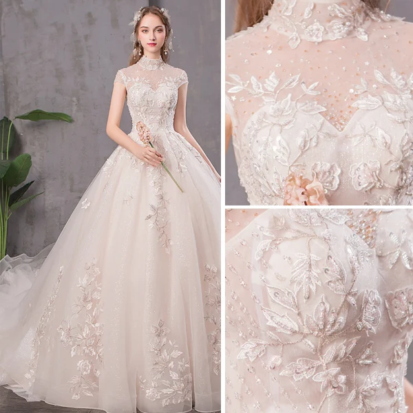 Chic / Beautiful Champagne Wedding Dresses 2019 A-Line / Princess High Neck Appliques Lace Flower Beading Pearl Sequins Cap Sleeves Backless Cathedral Train