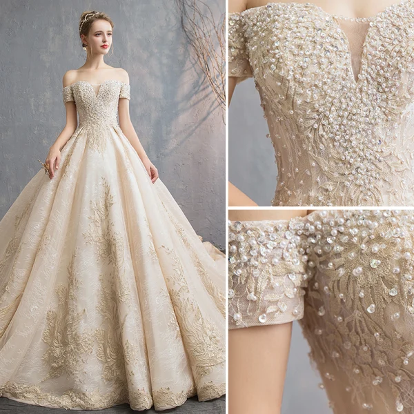 Audrey Hepburn Style Champagne Wedding Dresses 2019 A-Line / Princess Off-The-Shoulder Beading Pearl Lace Flower Short Sleeve Backless Cathedral Train