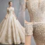 Audrey Hepburn Style Champagne Wedding Dresses 2019 A-Line / Princess Off-The-Shoulder Beading Pearl Lace Flower Short Sleeve Backless Cathedral Train
