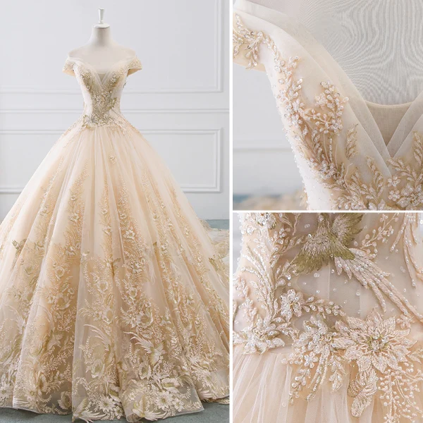 Charming Champagne Wedding Dresses 2019 A-Line / Princess Off-The-Shoulder Rhinestone Lace Flower Short Sleeve Backless Cathedral Train