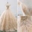 Charming Champagne Wedding Dresses 2019 A-Line / Princess Off-The-Shoulder Rhinestone Lace Flower Short Sleeve Backless Cathedral Train