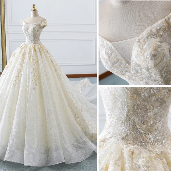 Elegant Champagne Wedding Dresses 2019 A-Line / Princess Off-The-Shoulder Sequins Lace Flower Short Sleeve Backless Cathedral Train
