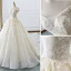 Elegant Champagne Wedding Dresses 2019 A-Line / Princess Off-The-Shoulder Sequins Lace Flower Short Sleeve Backless Cathedral Train