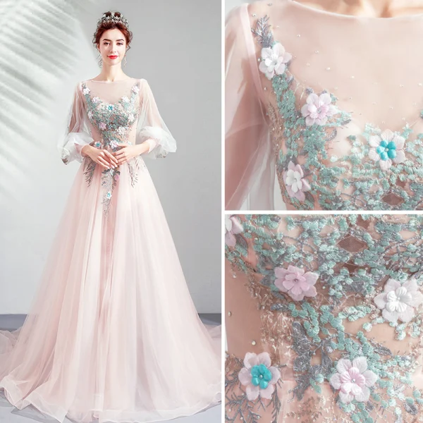 Elegant Blushing Pink Prom Dresses 2019 A-Line / Princess Scoop Neck Embroidered Appliques Pearl Rhinestone 3/4 Sleeve Sweep Train Formal Dresses