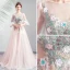 Elegant Blushing Pink Prom Dresses 2019 A-Line / Princess Scoop Neck Embroidered Appliques Pearl Rhinestone 3/4 Sleeve Sweep Train Formal Dresses