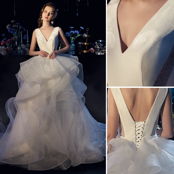 Charmant Ivory / Creme Brautkleider / Hochzeitskleider 2019 Ballkleid V-Ausschnitt Pailletten Fallende Rüsche Ärmellos Rückenfreies Hof-Schleppe