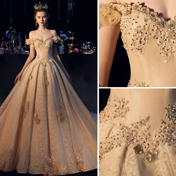 Luxury / Gorgeous Champagne Wedding Dresses 2019 A-Line / Princess Off-The-Shoulder Lace Flower Appliques Crystal Pearl Rhinestone Sequins Short Sleeve Backless Cathedral Train
