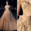 Luxury / Gorgeous Champagne Wedding Dresses 2019 A-Line / Princess Off-The-Shoulder Lace Flower Appliques Crystal Pearl Rhinestone Sequins Short Sleeve Backless Cathedral Train