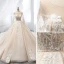 Chic / Beautiful Champagne Wedding Dresses 2019 A-Line / Princess Scoop Neck Lace Flower Appliques Beading Pearl Sequins Long Sleeve Backless Cathedral Train