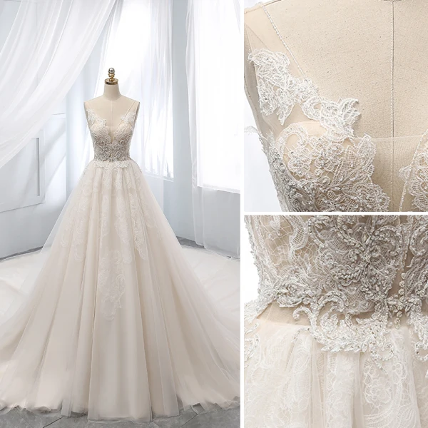 Chic / Beautiful Champagne Wedding Dresses 2019 A-Line / Princess Deep V-Neck Beading Lace Flower Short Sleeve Backless Chapel Train