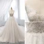 Chic / Beautiful Champagne Wedding Dresses 2019 A-Line / Princess Deep V-Neck Beading Lace Flower Short Sleeve Backless Chapel Train